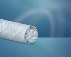 VI, Koronare Therapie, Beschichtetes koronares Stentsystem, Nahaufnahme, Produkt einzeln, blauer Hintergrund